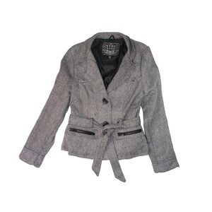 Y2K Last Kiss Women's Blazer Jacket Herringbone Belted Collar Zipper Detail Sz L